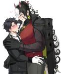  2boys animal_ears ashiya_douman_(fate) black_coat black_hair black_jacket black_pants black_vest blush cat_ears closed_mouth coat coat_on_shoulders collared_shirt earrings fate/grand_order fate_(series) from_side fujimaru_ritsuka_(male) grey_eyes hair_between_eyes height_difference highres jacket jewelry large_pectorals long_hair looking_at_another magatama magatama_earrings male_focus multicolored_hair multiple_boys muscular muscular_male pants pectorals red_vest seum_(kao_husband) shirt simple_background socks solo split-color_hair suit_jacket sweatdrop vest white_background white_hair white_shirt white_socks yaoi 