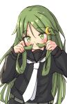  1girl black_sailor_collar black_serafuku blush bunching_hair closed_mouth crescent crescent_hair_ornament green_eyes green_hair hair_mustache hair_ornament highres kantai_collection long_hair long_sleeves looking_at_viewer nagatsuki_(kancolle) neckerchief po0000000000 sailor_collar school_uniform serafuku simple_background solo upper_body very_long_hair white_background white_neckerchief 