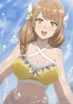  1girl absurdres alternate_costume bikini braid braided_ponytail breasts brown_eyes bubble criss-cross_halter fire_emblem fire_emblem_engage goldmary_(fire_emblem) hair_over_shoulder halterneck highres large_breasts light_brown_hair lips navel solo swimsuit tak0baka teeth upper_teeth_only watermark yellow_bikini 