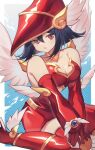  1girl apple_magician_girl bare_shoulders black_hair breasts brown_eyes cleavage clothing_cutout detached_sleeves dress duel_monster feathered_wings feet_out_of_frame gloves hajime_daijo hat head_tilt long_sleeves medium_hair open_mouth red_dress red_gloves sitting solo stomach_cutout wariza wing_hat_ornament winged_footwear wings yu-gi-oh! 