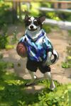  2022 anthro ball basketball_(ball) black_body black_bottomwear black_clothing black_nose black_shorts blurred_background bottomwear brown_eyes canid canine canis chihuahua clothed clothing dated domestic_dog fangs front_view full-length_portrait glistening glistening_eyes grass holding_ball holding_object hoodie lostgoose male mammal open_mouth pattern_clothing pattern_hoodie pattern_topwear plant portrait shorts signature solo standing teeth topwear toy_dog white_body 