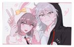  1boy 1girl :d animal_ears black_shirt boleum_(dgrpluna) collarbone cosplay danganronpa_(series) danganronpa_2:_goodbye_despair ear_bow fake_animal_ears grey_hair hands_up hood hood_up hooded_jacket jacket komaeda_nagito medium_hair monokuma monokuma_(cosplay) monomi_(danganronpa) monomi_(danganronpa)_(cosplay) multicolored_clothes multicolored_jacket nanami_chiaki neck_ribbon notice_lines pink_eyes pink_jacket pink_ribbon portrait rabbit_ears ribbon shirt smile two-tone_jacket two-tone_shirt v white_background white_jacket white_shirt 