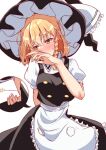  1girl apron black_headwear black_skirt black_vest blonde_hair bow braid frilled_apron frills hat hat_bow highres holding holding_letter kirisame_marisa letter long_hair mukkushi puffy_short_sleeves puffy_sleeves shirt short_sleeves simple_background single_braid skirt solo touhou vest waist_apron white_apron white_background white_bow white_shirt witch_hat yellow_eyes 