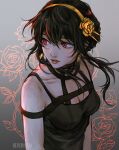 1girl bare_shoulders black_dress black_hair breasts cleavage dress earrings flower gold_earrings gold_hairband hair_flower hair_ornament hairband highres jewelry large_breasts long_hair red_eyes reveryeen sidelocks solo spy_x_family two-sided_dress two-sided_fabric yor_briar 