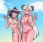  2girls angel animal_ears azazel_(helltaker) baphomet_(grizz) bikini black_hair black_horns blue_eyes demon demon_girl demon_horns goat_ears hair_ribbon halo hand_on_another&#039;s_stomach helltaker horns long_hair multiple_girls navel nervous red_bikini red_eyes ribbon sky standing swimsuit v white_bikini white_hair white_ribbon 