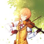  1boy belt black_gloves bow_(music) closed_eyes closed_mouth eiyuu_densetsu elliot_craig facing_viewer gloves highres holding holding_instrument holding_violin instrument long_sleeves male_focus neck_ribbon orange_hair pink_ribbon ribbon sen_no_kiseki sen_no_kiseki_iii shirt smile soap_(user_kghh4755) solo tree upper_body vest violin white_shirt yellow_vest 