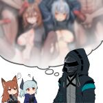  ... 1other 2girls ? animal_ears arknights black_jacket brown_hair chibi commentary_request commission doctor_(arknights) faceless franka_(arknights) gomio_(bb-k) grey_hair highres hood hood_up hooded_jacket horns imagining jacket liskarm_(arknights) multiple_girls orange_eyes penis pervert skeb_commission spoken_ellipsis sweatdrop tareme thought_bubble 