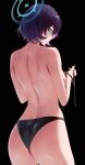  1girl absurdres ass back black_background black_hair black_panties blue_archive blush breasts chihiro_(blue_archive) glasses green_eyes halo highres large_breasts looking_back panties rororo short_hair smile solo thighs topless underwear 