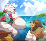  aloha_shirt anthro bear brown_hair bulge clothed clothing cloud day duo eye_patch eyewear felid fur hair hi_res jumperbear lion male male/male mammal mane musclegut muscular muscular_anthro muscular_male open_clothing open_shirt open_topwear overweight overweight_anthro overweight_male pantherine pattern_clothing pattern_shirt pattern_topwear polar_bear sea shirt sky smile swimming_trunks swimwear tan_body tan_fur topwear ursine water white_body white_fur 