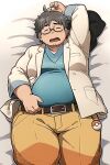  1boy arm_up bara belly blue_shirt blush facial_hair facing_viewer fat fat_man glasses grey_hair highres labcoat leather_belt lying male_focus merchandise neroli_(pokemon) nipples on_back on_bed pants pokemon_sleep round_eyewear rui_(rui_owo) shirt short_hair sideburns solo stubble thick_eyebrows thick_thighs thighs yellow_pants 