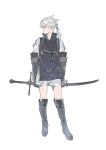  1boy boots closed_mouth elbow_gloves full_body gloves high_collar highres holding holding_sword holding_weapon knee_boots male_focus nier nier_(series) nier_(young) ponytail profile quxiaochong simple_background solo standing sword weapon white_background 