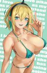  1girl amano_pikamee bikini blonde_hair breasts cleavage cowboy_shot from_above green_background green_bikini green_eyes green_hair green_headband green_nails headband highres huge_breasts large_breasts micro_bikini multicolored_hair navel sharp_teeth swimsuit teeth two-tone_hair ultrabinou v virtual_youtuber voms 