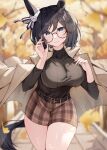  1girl absurdres animal_ears autumn belt black_hair blue_eyes blurry blurry_background breasts brown_skirt coat coat_on_shoulders cowboy_shot eishin_flash_(umamusume) glasses highres horse_ears horse_girl horse_tail looking_at_viewer misoni_(mi_so_ni_t) open_clothes open_coat outdoors plaid plaid_skirt skirt smile solo tail umamusume 