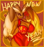  2023 anthro asian_clothing big_breasts big_ears breasts brown_body chinese_clothing chinese_dress chinese_new_year chinese_text chinese_zodiac cleavage cleavage_cutout clothed clothing digital_media_(artwork) dress east_asian_clothing english_text female fur generation_4_pokemon hi_res holding_envelope holding_object huge_breasts looking_at_viewer lopunny new_year_2023 nintendo open_mouth pokemon pokemon_(species) randt red_clothing red_dress red_envelope red_eyes simple_background smile solo standing text 