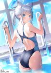  1girl absurdres aekun_cben animal_ears ass back blue_archive blue_eyes blue_sky competition_swimsuit cross_hair_ornament ear_piercing from_behind grey_hair hair_ornament halo highleg highres looking_back mismatched_pupils one-piece_swimsuit piercing pool pool_ladder shiroko_(blue_archive) shiroko_(swimsuit)_(blue_archive) side_ponytail sky solo swimsuit wading water wet window wolf_ears 