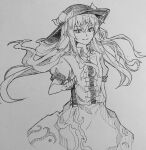  1girl center_frills commentary food frills fruit greyscale hand_on_hilt hat highres hinanawi_tenshi kanaria_(bocmn) leaf_hat_ornament long_hair monochrome one-hour_drawing_challenge parted_lips peach shirt short_sleeves sidelocks simple_background sketch skirt smile solo touhou traditional_media 