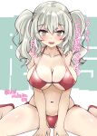  1girl absurdres bikini blue_eyes breasts cleavage commentary_request dated grey_hair highres kantai_collection kashima_(kancolle) kitahama_(siroimakeinu831) large_breasts looking_at_viewer one-hour_drawing_challenge red_bikini sidelocks sitting solo swimsuit translation_request twintails twitter_username wariza wavy_hair 