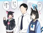  1boy 2girls animal_ears ariyoshi_gen black_choker black_eyes black_hair black_jacket black_pantyhose blue_archive blue_halo blue_neckerchief blue_necktie blue_sailor_collar blue_skirt blush cat_ears cat_tail choker closed_mouth collared_shirt colored_inner_hair extra_ears green_sailor_collar halo hand_in_pocket hood hooded_jacket jacket kazusa_(blue_archive) kikyou_(blue_archive) long_sleeves multicolored_hair multiple_girls multiple_tails neckerchief necktie open_mouth pantyhose pink_hair pink_halo pleated_skirt red_eyes sailor_collar sensei_(blue_archive) shirt short_hair skirt smile speech_bubble tail thought_bubble translation_request two_tails white_shirt 