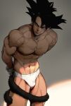  1boy abs arms_behind_back bara bardock bound bound_wrists briefs bulge dragon_ball dragon_ball_z feet_out_of_frame frown highres hugging_with_tail large_pectorals leaning_forward light looking_to_the_side male_focus male_underwear mature_male monkey_tail muscular muscular_male navel nipples pectorals scar scar_on_cheek scar_on_face shadow short_hair solo spiked_hair stomach supobi tail thick_eyebrows thick_thighs thighs topless_male underwear white_male_underwear 