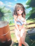  1girl :| blue_eyes blue_sky blush bottle breasts brown_hair camping closed_mouth cloud coffee_mug commentary_request completely_nude covering covering_breasts covering_crotch cup drinking_glass drum_(container) dutch_angle embarrassed feet_out_of_frame fence flower foliage gloves hair_between_eyes highres knees_together_feet_apart leaning_forward looking_at_viewer medium_breasts medium_hair mountain mountainous_horizon mug nose_blush nude original outdoors paid_reward_available raised_eyebrows sky standing steam table tachiinu translation_request wash_cloth water_bottle wavy_hair wavy_mouth white_gloves wine_glass wooden_fence yellow_flower 