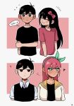  1boy 1girl :&gt; age_comparison aubrey_(omori) black_eyes black_shirt black_sweater blush bow bright_pupils closed_eyes closed_mouth collarbone embarrassed expressionless green_eyes hair_bow hairband highres jacket k_toast long_sleeves looking_at_another omori pink_bow pink_shirt shirt short_sleeves smile sunny_(omori) sweater thought_bubble white_jacket white_pupils white_shirt 