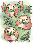  animal_focus artist_name beak bird bow bowtie branch closed_eyes green_background green_bow green_bowtie hanabusaoekaki highres leaf multiple_views no_humans owl pokemon pokemon_(creature) rowlet sad v-shaped_eyebrows 