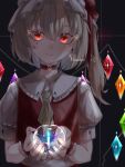  1girl blood candle choker crystal dark_background fire flame flandre_scarlet flat_chest hat holding mob_cap one_side_up red_choker rito31illust short_hair_with_long_locks simple_background solo touhou upper_body wings 