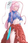 blue_shirt blush hand_fan hata_no_kokoro highres holding holding_clothes holding_fan holding_skirt long_hair long_skirt looking_ahead mask mask_on_head navel open_mouth paper_fan pink_eyes pink_hair red_skirt see-through shirt simple_background single_bare_leg skirt stomach totoroitamon touhou very_long_hair wet wet_clothes wet_shirt white_background 