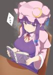  1girl blue_bow blue_ribbon blunt_bangs book bow breasts capelet chair chiba_mochi cleavage closed_mouth commentary crescent crescent_hat_ornament desk dress from_above grey_background hair_bow hat hat_ornament hat_ribbon highres holding holding_book large_breasts light_blush mob_cap open_book patchouli_knowledge purple_dress purple_eyes purple_hair red_ribbon ribbon sitting solo speech_bubble touhou translation_request wide_sleeves 