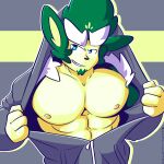  anthro clothed clothing digital_media_(artwork) exposing_chest fizzyjay generation_5_pokemon hi_res looking_at_viewer male mammal muscular muscular_anthro muscular_male nintendo nipples pecs pokemon pokemon_(species) primate simisage simple_background solo sweatshirt 