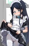  1girl apron aris_(blue_archive) aris_(maid)_(blue_archive) black_dress black_hair blue_archive blue_eyes blush clothes_lift commentary_request dress dress_lift embarrassed frilled_apron frilled_dress frills halo hands_up highres indoors lifted_by_self long_hair looking_at_viewer maid_apron maid_headdress marisayaka open_mouth panties panties_under_pantyhose pantyhose ponytail solo underwear very_long_hair white_apron wristband 