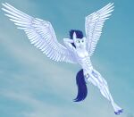 2023 abs absurd_res animal_genitalia anthro anthrofied athletic athletic_anthro athletic_male balls blue_body blue_feathers blue_hair blue_tail digital_media_(artwork) equid equine feathered_wings feathers fluffyorbiter flying friendship_is_magic genitals green_eyes hair hasbro hi_res hooves male mammal muscular muscular_anthro muscular_male my_little_pony pegasus sky smile soarin_(mlp) solo spread_wings tail wings wonderbolts_(mlp) 