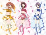  3girls :d arm_up asahina_mikuru belt blue_belt blue_bra blue_skirt bob_cut boots bra brown_eyes brown_hair closed_mouth commentary_request crop_top fsin_1 full_body hair_ribbon hairband highres index_finger_raised long_hair long_sleeves looking_at_viewer medium_hair multiple_girls nagato_yuki navel open_mouth orange_eyes orange_hair pink_bra pink_hairband pink_ribbon pink_skirt plaid plaid_bra purple_hair red_belt ribbon skirt smile standing suzumiya_haruhi suzumiya_haruhi_no_yuuutsu twintails underwear white_footwear yellow_belt yellow_bra yellow_skirt 