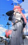  1girl absurdres alternate_costume animal_ears bare_shoulders black_jacket blue_sky blurry blurry_background camera closed_mouth cloud commentary_request earrings feet_out_of_frame fox_ears genshin_impact grey_skirt highres hip_vent holding holding_camera jacket jewelry long_hair long_skirt looking_at_viewer open_clothes open_jacket outdoors pink_hair purple_eyes road_sign shirt sign skirt sky sleeveless sleeveless_shirt solo strap turtleneck utility_pole very_long_hair white_shirt yae_miko yushe_quetzalli 