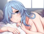  1girl blue_eyes blue_hair blush breasts cleavage commentary grin highres indoors long_hair looking_at_viewer nude original pillow sheita smile solo upper_body 