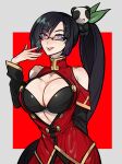  1girl bare_shoulders black-framed_eyewear black_hair blazblue breasts china_dress chinese_clothes cleavage_cutout clothing_cutout dress galadysp highres lao_jiu large_breasts litchi_faye_ling long_hair looking_at_viewer panda pink_eyes semi-rimless_eyewear smile solo very_long_hair 