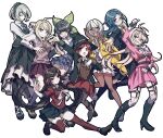  6+girls :d ahoge akamatsu_kaede antenna_hair apron arm_up bikini black_apron black_footwear black_gloves black_headwear black_jacket black_pantyhose black_sailor_collar blonde_hair blue_hair blue_skirt blush boots bow bowtie breasts brown_hair brown_vest chabashira_tenko cup danganronpa_(series) danganronpa_v3:_killing_harmony dark-skinned_female dark_skin dress fingerless_gloves full_body glasses gloves goggles goggles_on_head grey_background grey_eyes grey_hair grey_shirt hair_ornament hair_scrunchie hairband harukawa_maki hat highres holding holding_cup iruma_miu jacket knee_boots lace-trimmed_dress lace_trim layered_skirt long_hair long_sleeves looking_at_viewer maid miniskirt mole mole_under_eye multiple_girls musical_note musical_note_hair_ornament neck_ribbon necktie nota_sayaka o-ring open_clothes open_jacket open_mouth orange_ribbon pantyhose pink_hairband pink_shirt pink_skirt pink_sweater_vest pink_vest pleated_skirt red_hair red_scrunchie ribbon sailor_collar scrunchie shirogane_tsumugi shirt short_hair simple_background skirt smile standing sweater_vest swimsuit teeth tojo_kirumi two-tone_shirt upper_teeth_only vest white_bikini white_sailor_collar white_shirt white_skirt witch_hat yonaga_angie yumeno_himiko 