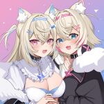  2girls absurdres animal_ear_fluff animal_ears blonde_hair blue_eyes blue_hair breasts collar dog_ears dog_girl fur_trim fuwawa_abyssgard hair_ornament highres hololive hololive_english jacket large_breasts long_hair mococo_abyssgard multicolored_hair multiple_girls open_mouth pink_eyes pink_hair pumpkin_work siblings sisters streaked_hair twins virtual_youtuber x_hair_ornament 