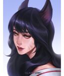  1girl ahri_(league_of_legends) animal_ears artist_name black_hair blue_background clairemwc closed_mouth facial_mark fox_ears gradient_background league_of_legends long_hair looking_at_viewer portrait red_lips smile solo whisker_markings yellow_eyes 