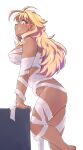  1girl arm_support bandages blonde_hair commentary_request dark-skinned_female dark_skin from_side grin highres hori_shin leaning_forward long_hair looking_at_viewer mummy_costume original simple_background smile solo standing standing_on_one_leg white_background 