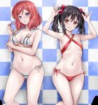  2girls arm_under_breasts ass_visible_through_thighs bare_arms bare_shoulders bikini black_hair blue_background blush bow breasts breath cameltoe checkered_background cleavage collarbone cutie_panther double_w flat_chest grin hair_bow hair_twirling hand_up highres looking_at_viewer love_live! love_live!_school_idol_project medium_breasts medium_hair micro_bikini multiple_girls navel nishikino_maki parted_lips playing_with_own_hair pretzel_bikini purple_eyes r-binon red_bikini red_bow red_eyes red_hair revision side-tie_bikini_bottom sidelocks smile standing stomach string_bikini striped striped_bikini sweat sweatdrop swimsuit thighs tile_wall tiles twintails w wet white_bikini yazawa_nico 