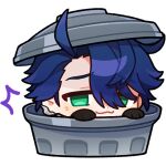  1boy :3 ahoge blue_hair chibi english_commentary furrowed_brow green_eyes hair_between_eyes honkai:_star_rail honkai_(series) in_trash_can looking_at_viewer male_focus official_art sampo_koski solo transparent_background trash_can 