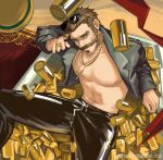  1boy absurdres bara bathtub beer_can can character_request check_character cross cross_earrings cross_necklace earrings facial_hair falling from_above gold graves_(league_of_legends) hair_slicked_back head_tilt highres jacket jewelry large_pectorals latex_pants league_of_legends looking_at_viewer male_focus mature_male money_rain muscular muscular_male mustache mutton_chops necklace nipples no_shirt open_clothes open_jacket pectorals seductive_smile smile solo spread_legs stomach sunglasses thick_eyebrows thick_mustache yingou_li_de_wenyi_zhi_yuan 