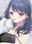  1girl :p black_camisole blue_hair blush braid breasts camisole colored_inner_hair diamond-shaped_pupils diamond_(shape) earrings french_braid highres jacket jewelry koshimizu_toru koshimizu_toru_(2nd_costume) long_sleeves looking_at_viewer medium_breasts mole mole_under_eye multicolored_hair nijisanji off_shoulder official_alternate_hairstyle purple_eyes single_bare_shoulder sleeves_past_fingers sleeves_past_wrists solo star_(symbol) strap_slip streaked_hair symbol-shaped_pupils teeth tongue tongue_out triangle_earrings uoxou_mea upper_teeth_only virtual_youtuber white_jacket 