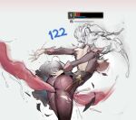  1girl arched_back ass bow breasts brown_pantyhose character_request cone_hair_bun gwen_(league_of_legends) hair_bun health_bar large_breasts league_of_legends leaning_forward long_hair long_sleeves long_tongue nipples pantyhose redooo shiny_clothes solo_focus tahm_kench tongue torn_clothes white_background white_hair 