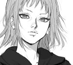  1girl chainsaw_man greyscale hood hoodie inoitoh looking_at_viewer medium_hair monochrome sawatari_akane_(chainsaw_man) simple_background slit_pupils solo white_background 