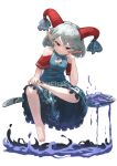 1girl barefoot blue_dress closed_mouth collarbone curled_horns dress earrings grey_hair hashiro highres horns jewelry looking_at_viewer oversized_object pointy_ears red_eyes red_horns red_sleeves sheep_horns short_hair simple_background smile solo spork touhou toutetsu_yuuma white_background 