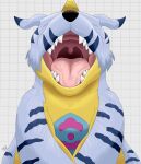  2017 bandai_namco blue_markings bodily_fluids digimon digimon_(species) digital_media_(artwork) eyes_closed fur gabumon gaping_mouth geometric_background grey_body grey_fur grid_background hi_res male markings open_mouth pattern_background pink_tongue saliva saliva_on_tongue saliva_string simple_background solo suddendraft tongue uvula 