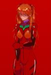  1girl averting_eyes bodysuit breasts clip_studio_paint_(medium) closed_mouth commentary cowboy_shot frown highres interface_headset long_hair neon_genesis_evangelion orange_hair plugsuit purple_eyes red_background red_bodysuit red_theme signature simple_background solo souryuu_asuka_langley standing sumustard turtleneck 