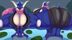  amphibian anthro big_breasts big_butt blue_body breasts butt clothed clothing digital_media_(artwork) female generation_6_pokemon greninja hi_res huge_breasts huge_butt long_tongue nintendo pokemon pokemon_(species) simple_background solo thiccbuns tongue tongue_out 